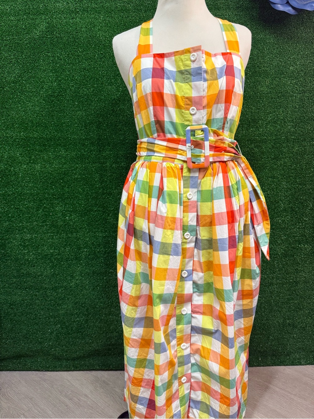 Christopher John Rogers Multicolor Check Square Button Belted dress 10 petticoat